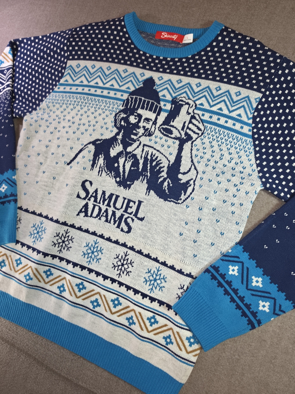 Shinesty Men’s Blue & Cream Samuel Adams Holiday Crewneck Sweater Large